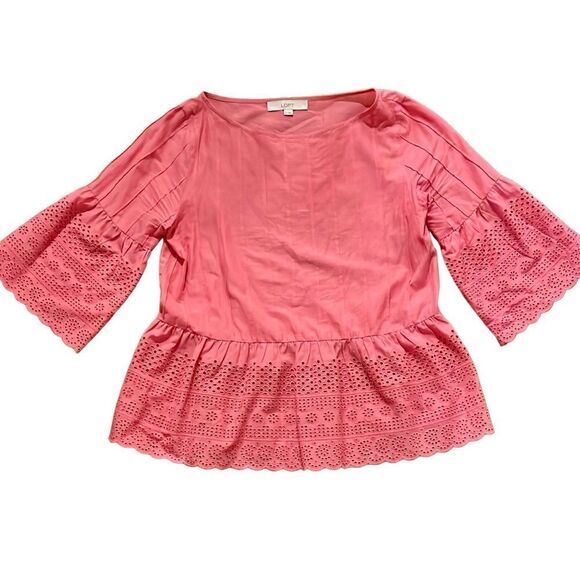 Loft coral eyelet peplum blouse size small - Picture 1 of 7